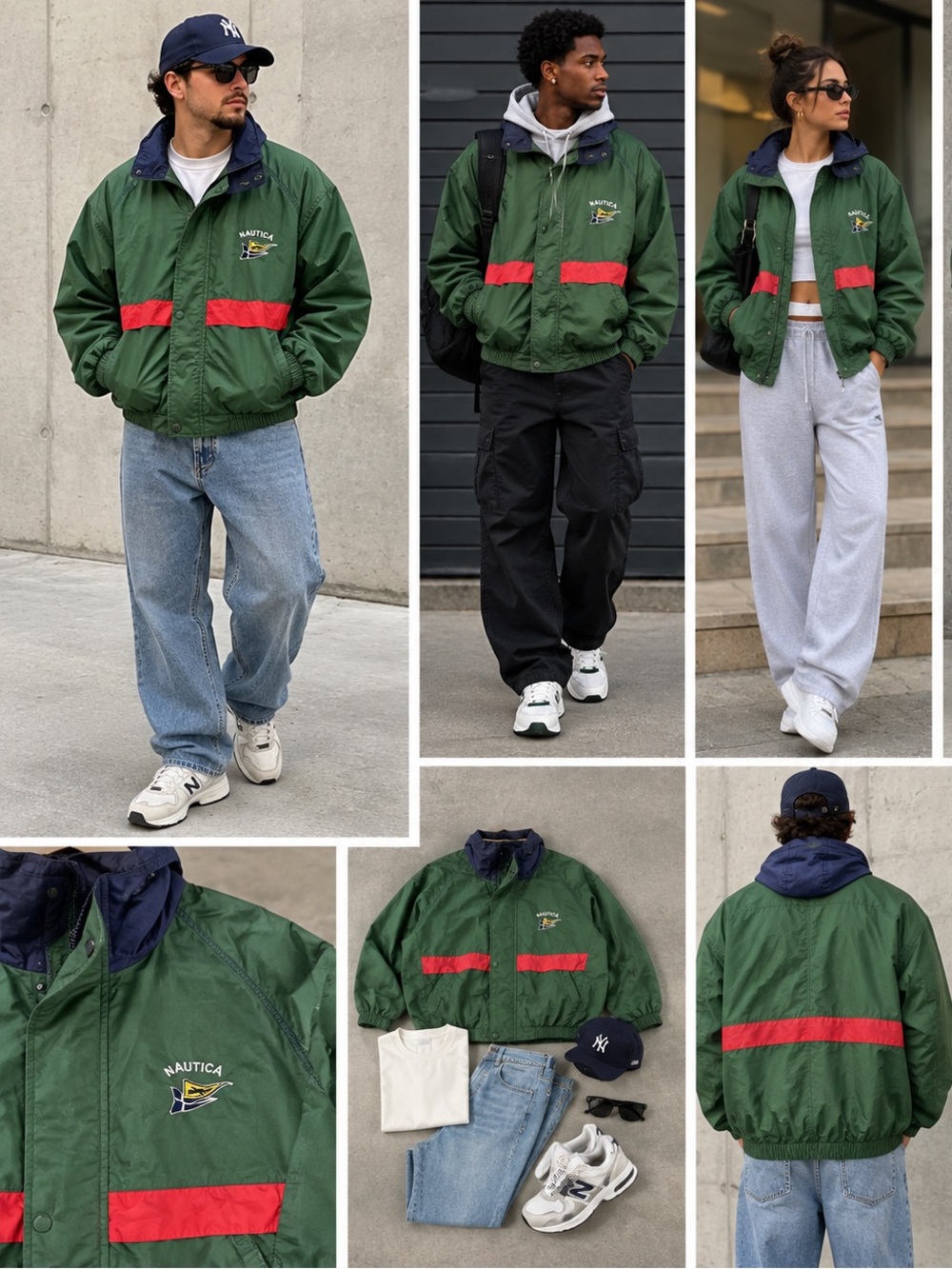 Vintage Nautica Windbreaker Jacket Mens XXL Green Stripped Nautical Sailing 90s